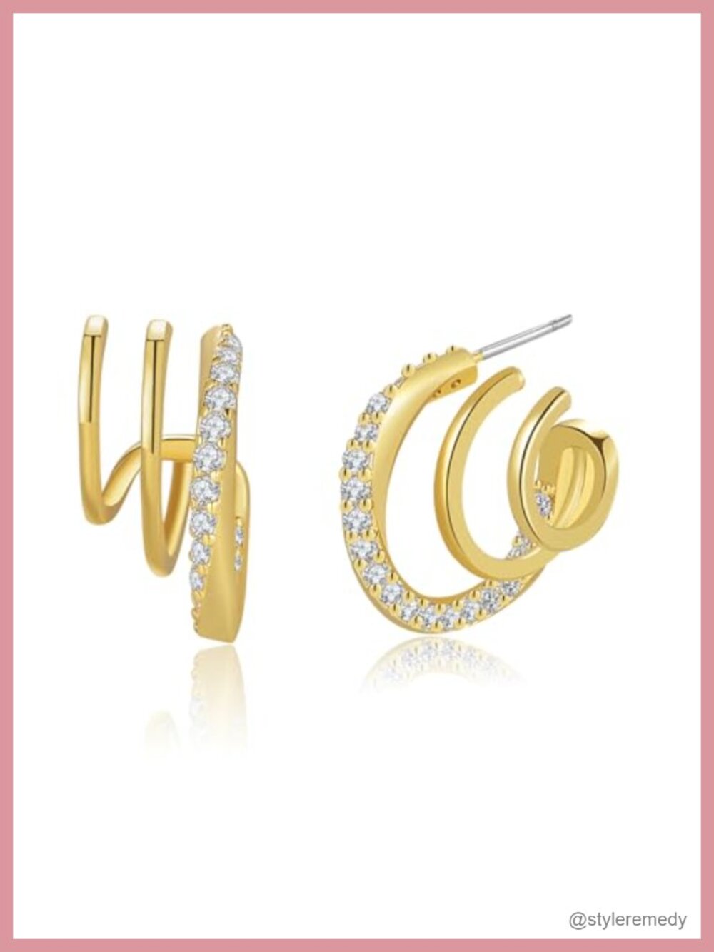 14k Gold Plated Triple Hoop Illusion Stud Earrings For Women